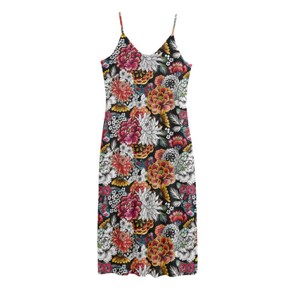 Asian Chrysanthemum Pattern Print Jersey Midi Cami Dress