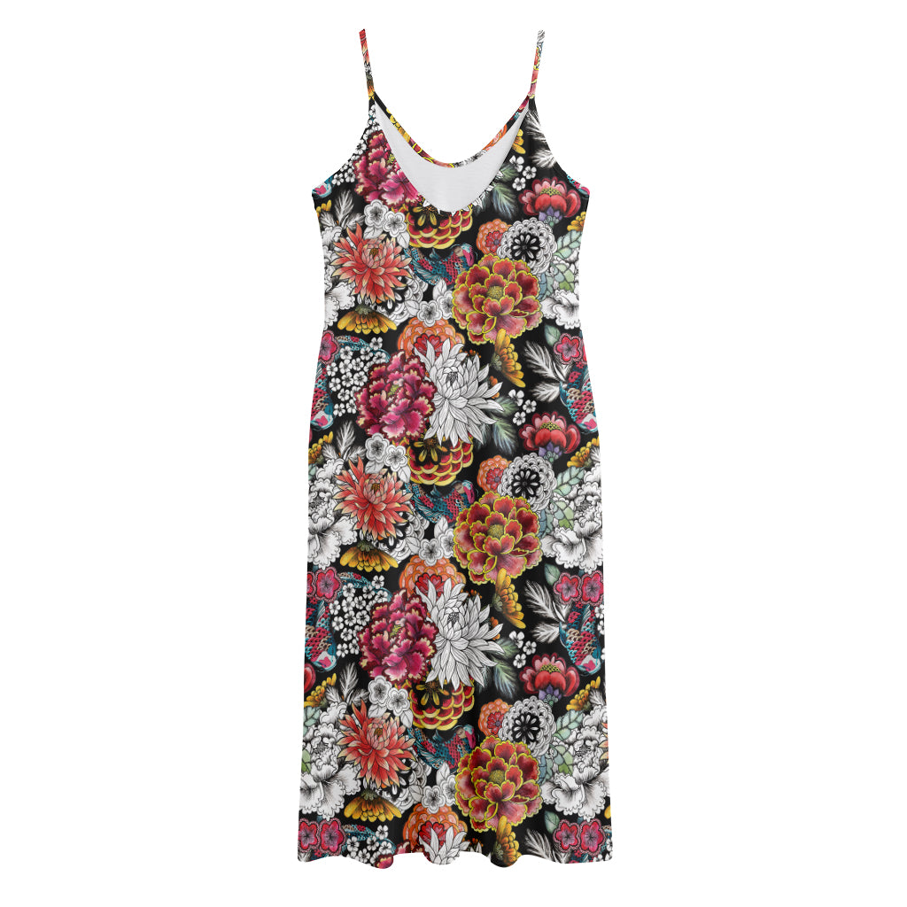 Asian Chrysanthemum Pattern Print Jersey Midi Cami Dress