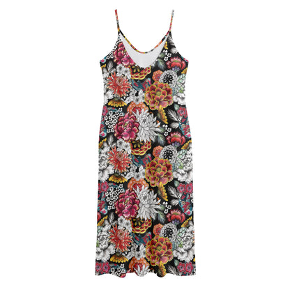 Asian Chrysanthemum Pattern Print Jersey Midi Cami Dress