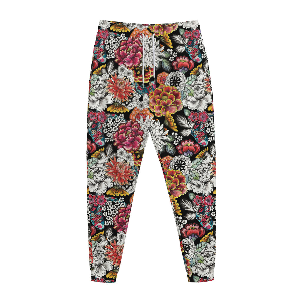 Asian Chrysanthemum Pattern Print Jogger Pants
