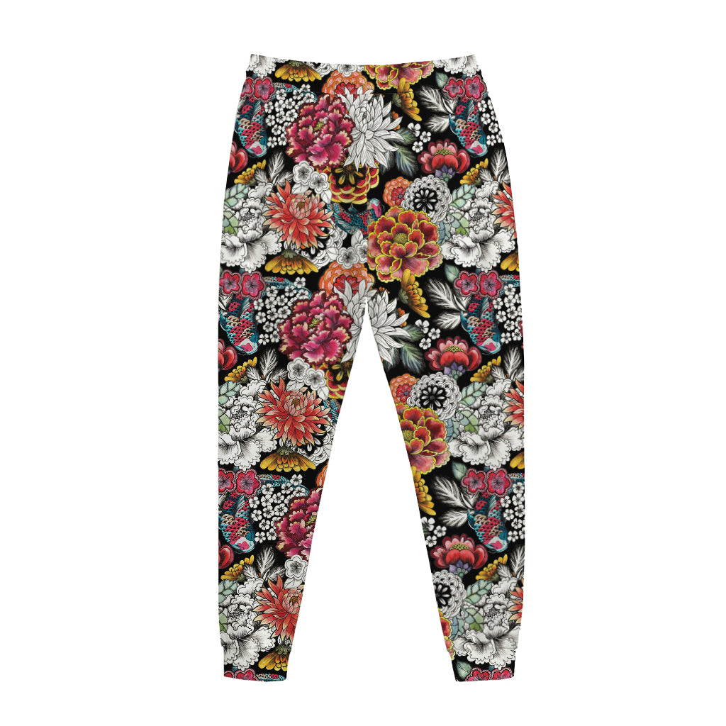 Asian Chrysanthemum Pattern Print Jogger Pants