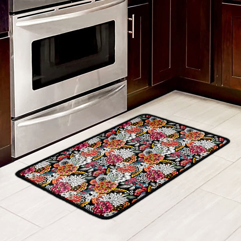 Asian Chrysanthemum Pattern Print Kitchen Mat