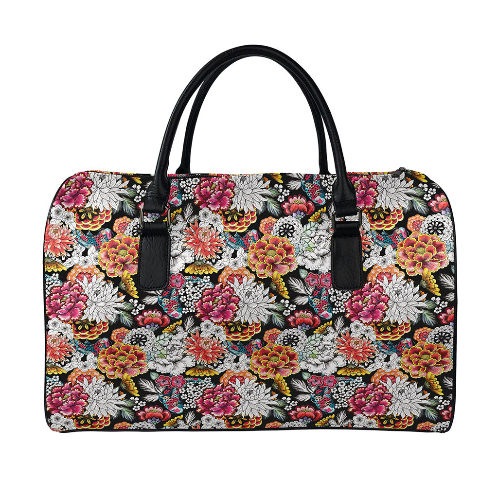 Asian Chrysanthemum Pattern Print Leather Duffle Bag