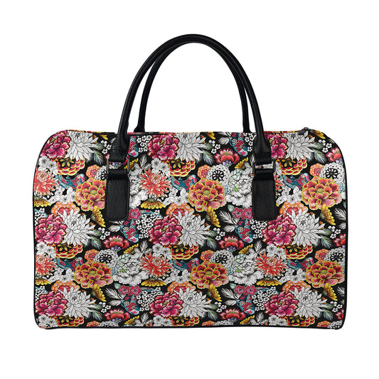 Asian Chrysanthemum Pattern Print Leather Duffle Bag
