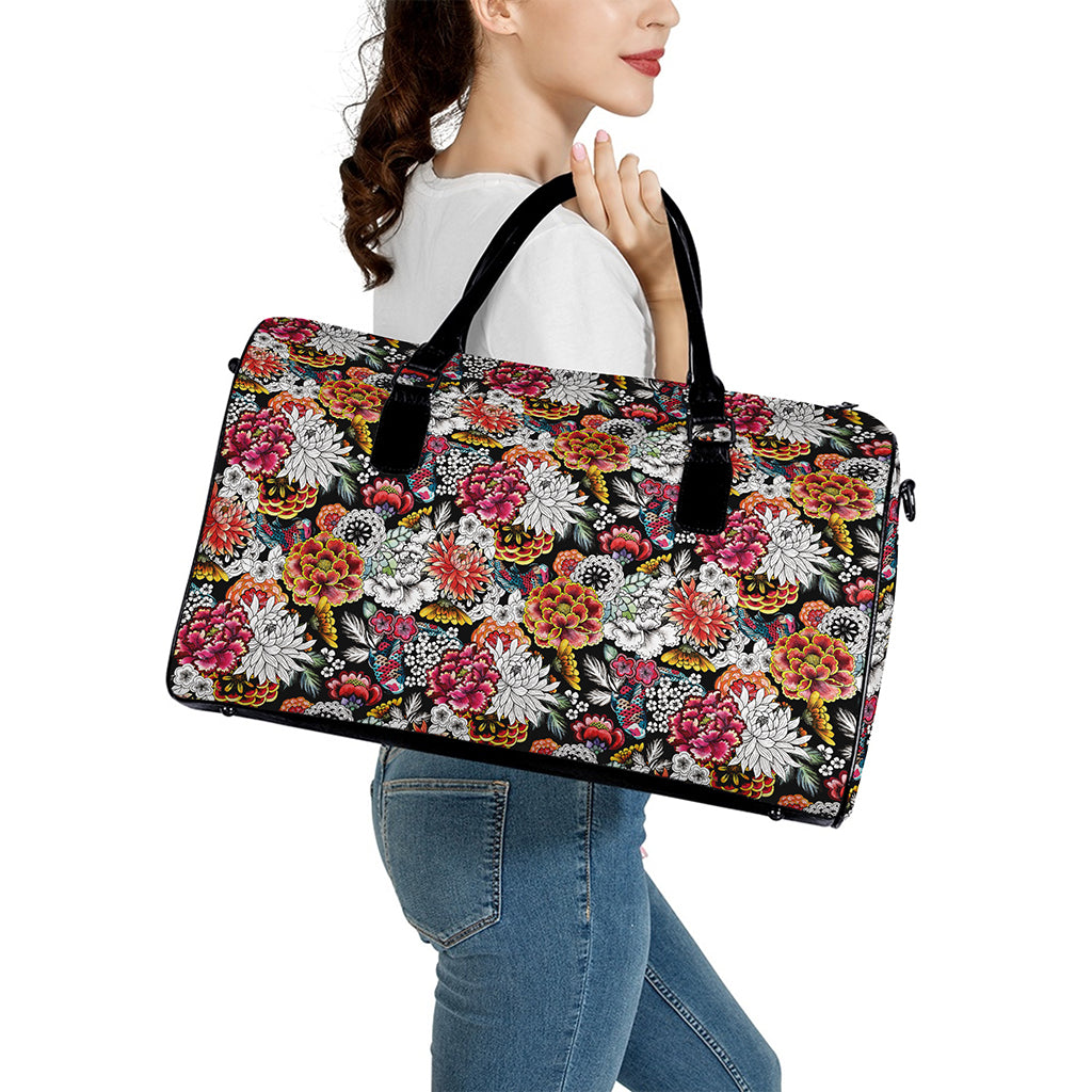 Asian Chrysanthemum Pattern Print Leather Duffle Bag