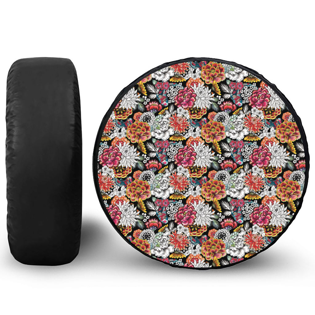 Asian Chrysanthemum Pattern Print Leather Spare Tire Cover