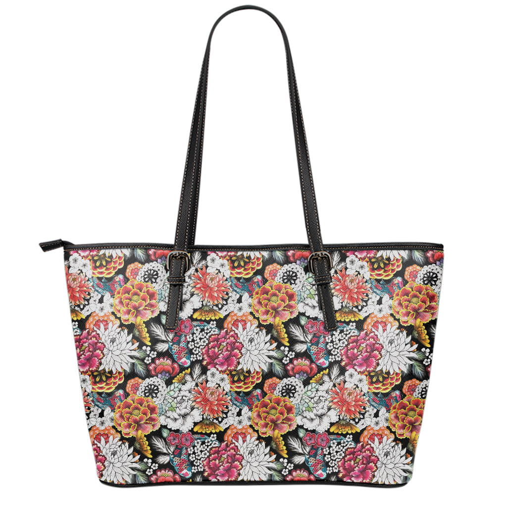 Asian Chrysanthemum Pattern Print Leather Tote Bag