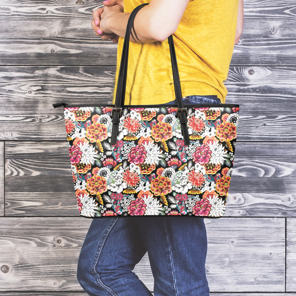 Asian Chrysanthemum Pattern Print Leather Tote Bag