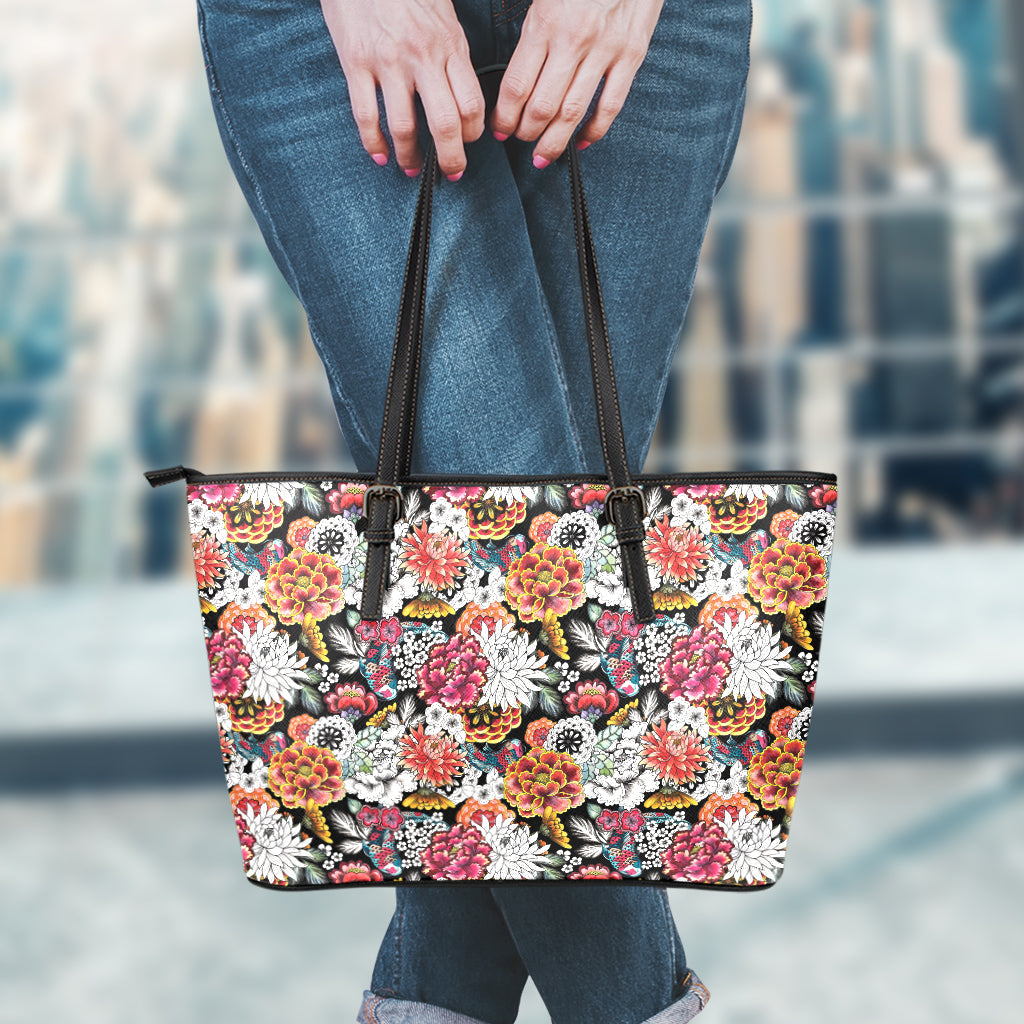 Asian Chrysanthemum Pattern Print Leather Tote Bag