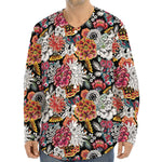 Asian Chrysanthemum Pattern Print Long Sleeve Baseball Jersey