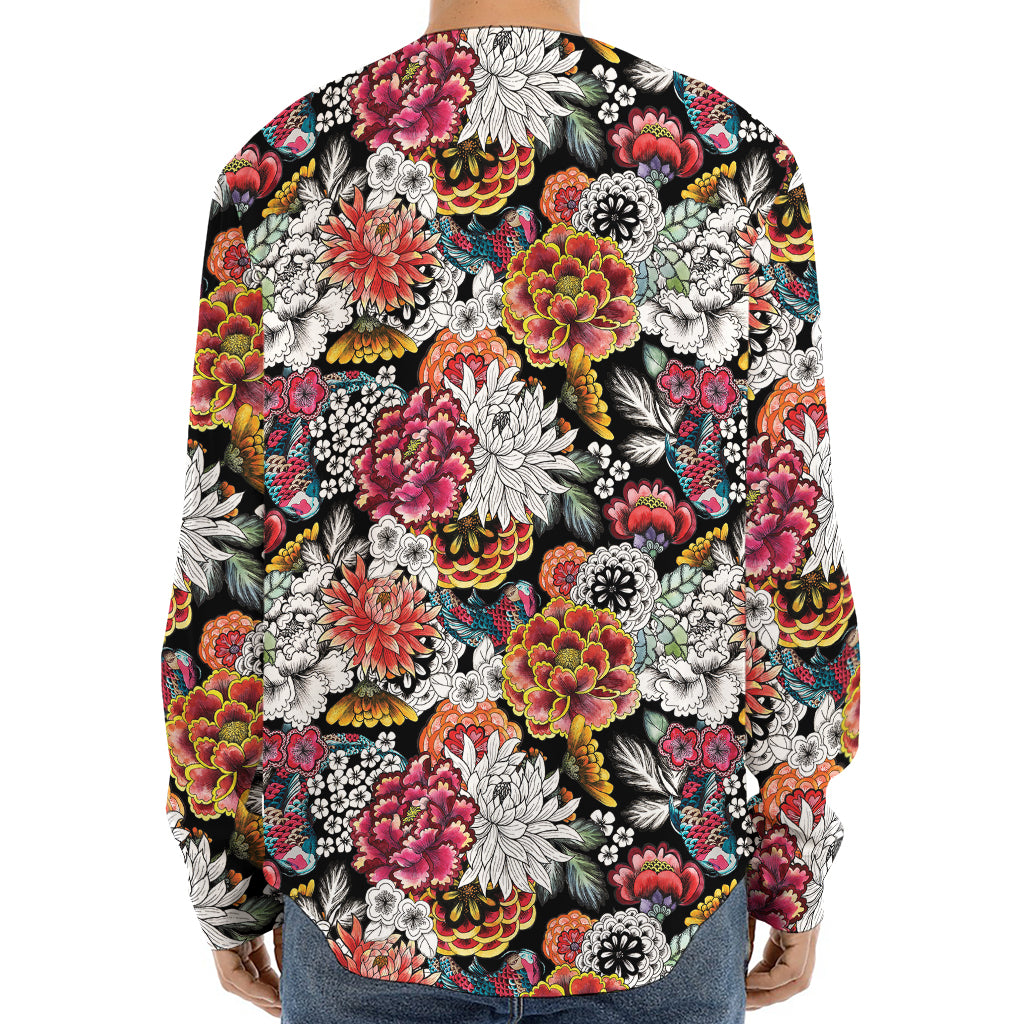 Asian Chrysanthemum Pattern Print Long Sleeve Baseball Jersey