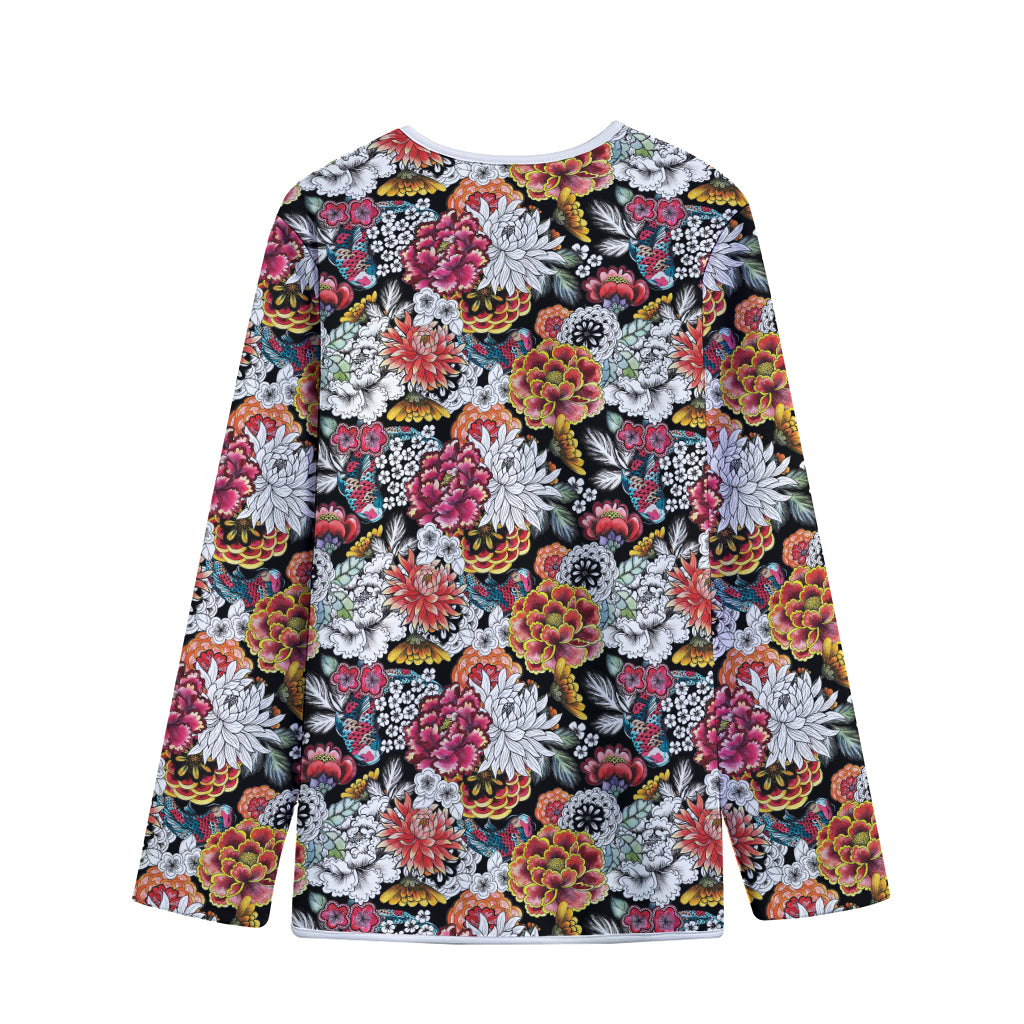 Asian Chrysanthemum Pattern Print Long Sleeve Short Coat