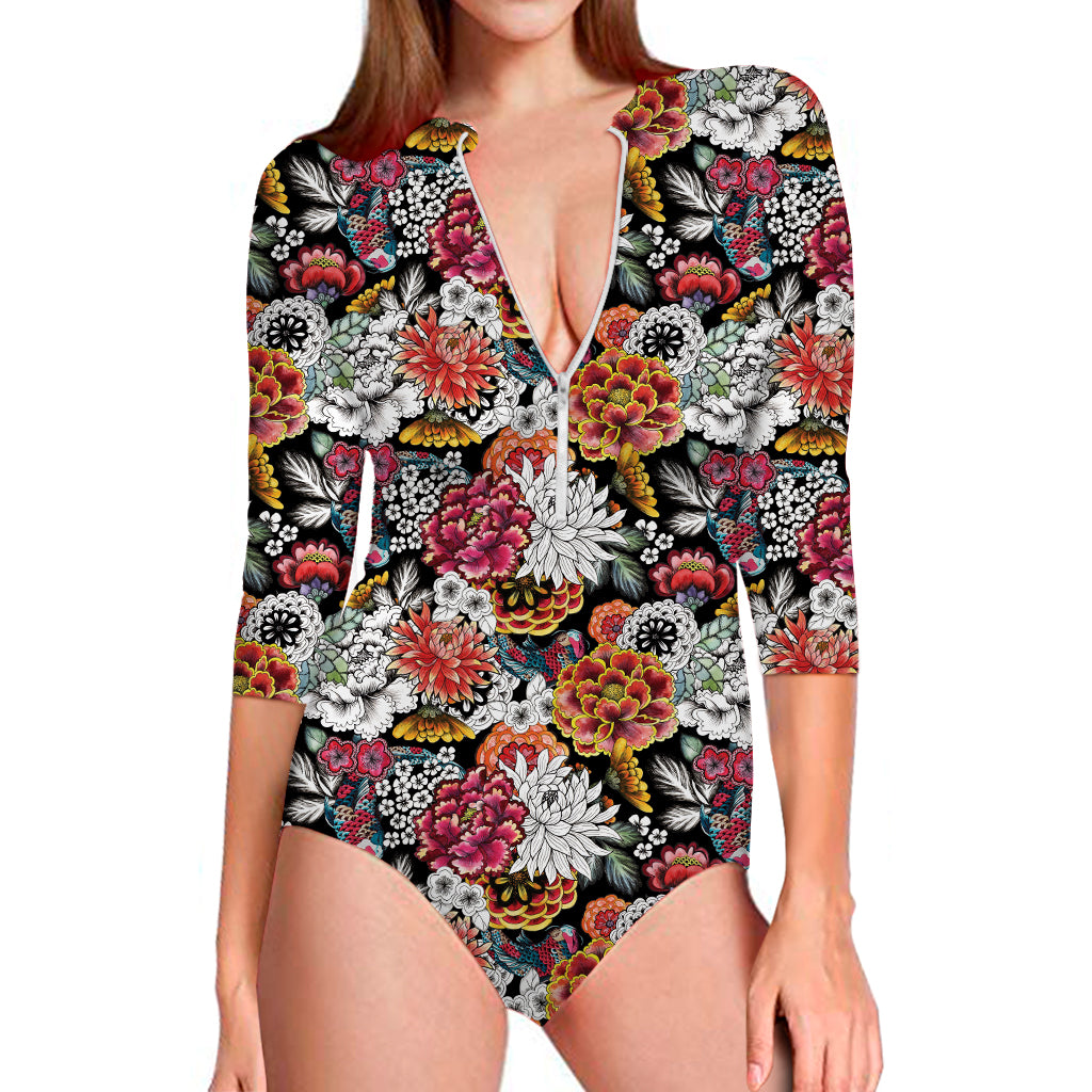 Asian Chrysanthemum Pattern Print Long Sleeve Swimsuit