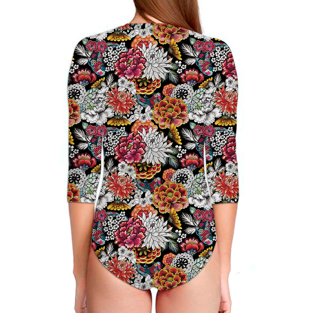 Asian Chrysanthemum Pattern Print Long Sleeve Swimsuit