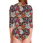 Asian Chrysanthemum Pattern Print Long Sleeve Swimsuit