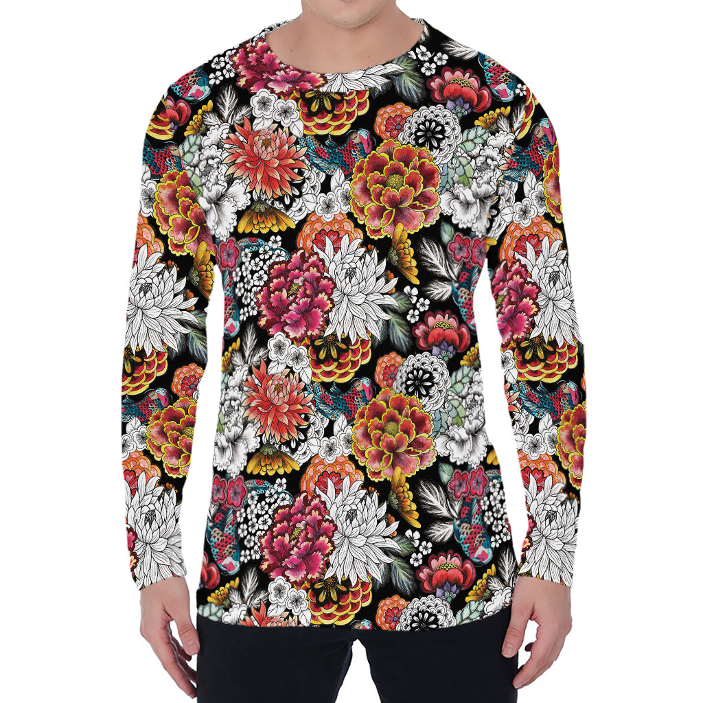 Asian Chrysanthemum Pattern Print Men's Long Sleeve T-Shirt