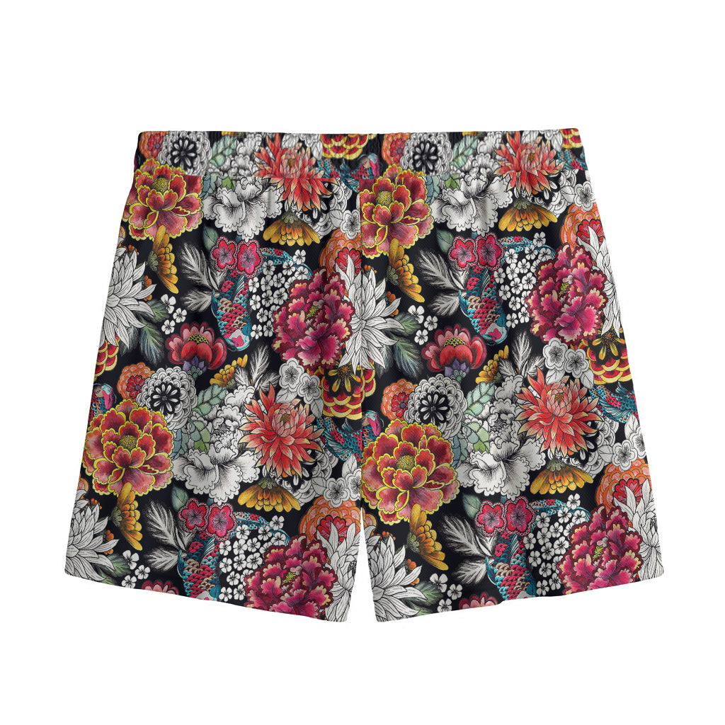 Asian Chrysanthemum Pattern Print Mesh Shorts