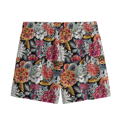 Asian Chrysanthemum Pattern Print Mesh Shorts