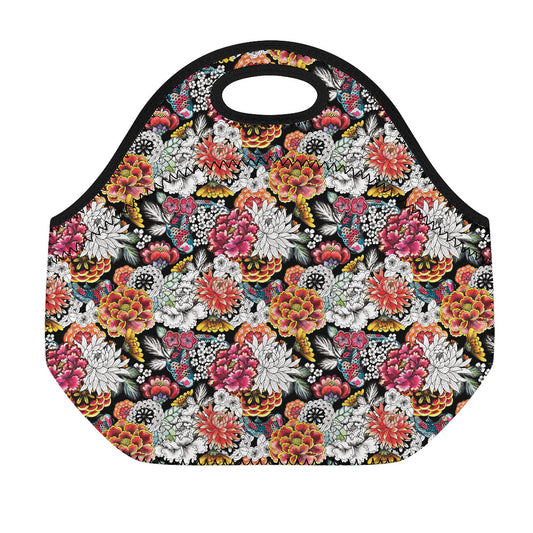 Asian Chrysanthemum Pattern Print Neoprene Lunch Bag