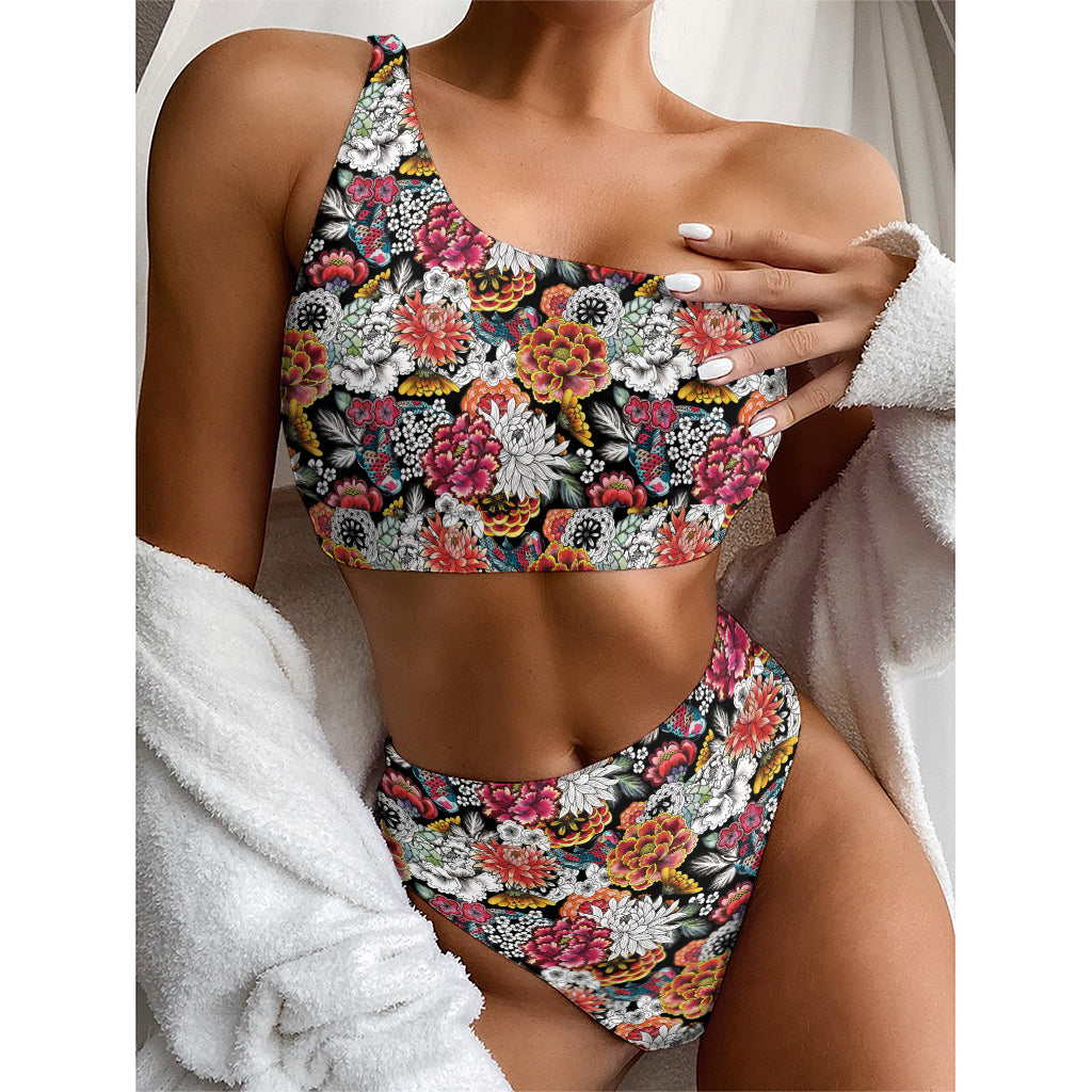 Asian Chrysanthemum Pattern Print One Shoulder Bikini Top