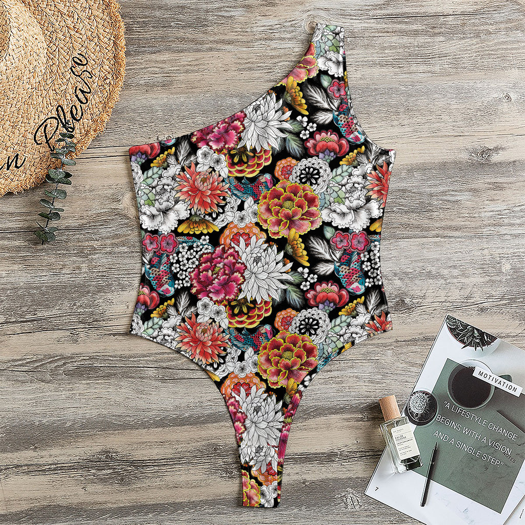 Asian Chrysanthemum Pattern Print One Shoulder Bodysuit