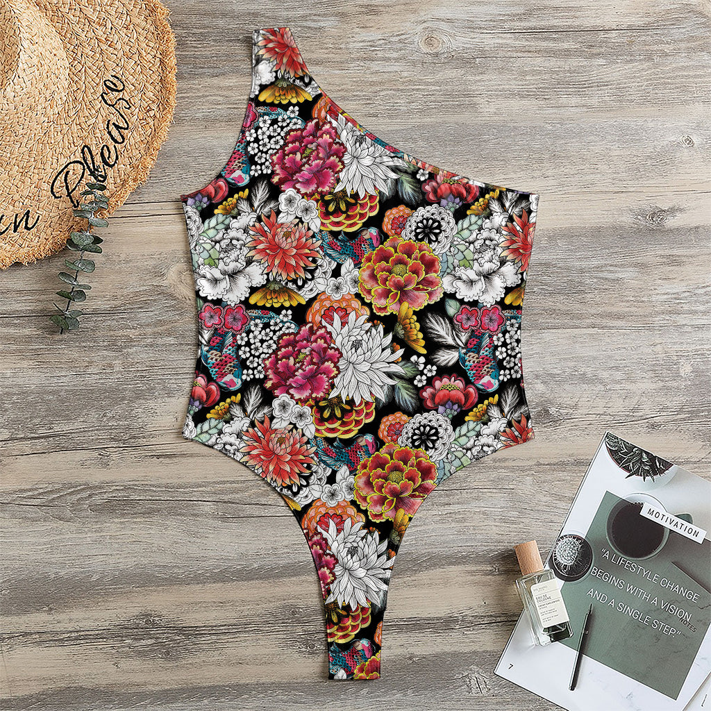 Asian Chrysanthemum Pattern Print One Shoulder Bodysuit
