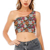 Asian Chrysanthemum Pattern Print One Shoulder Crop Top