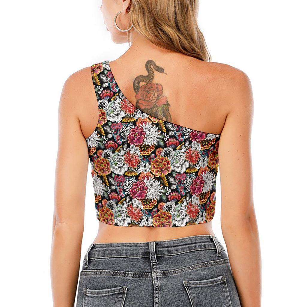 Asian Chrysanthemum Pattern Print One Shoulder Crop Top