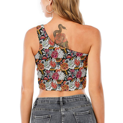 Asian Chrysanthemum Pattern Print One Shoulder Crop Top