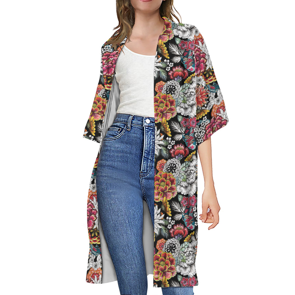 Asian Chrysanthemum Pattern Print Open Front Beach Cover Up