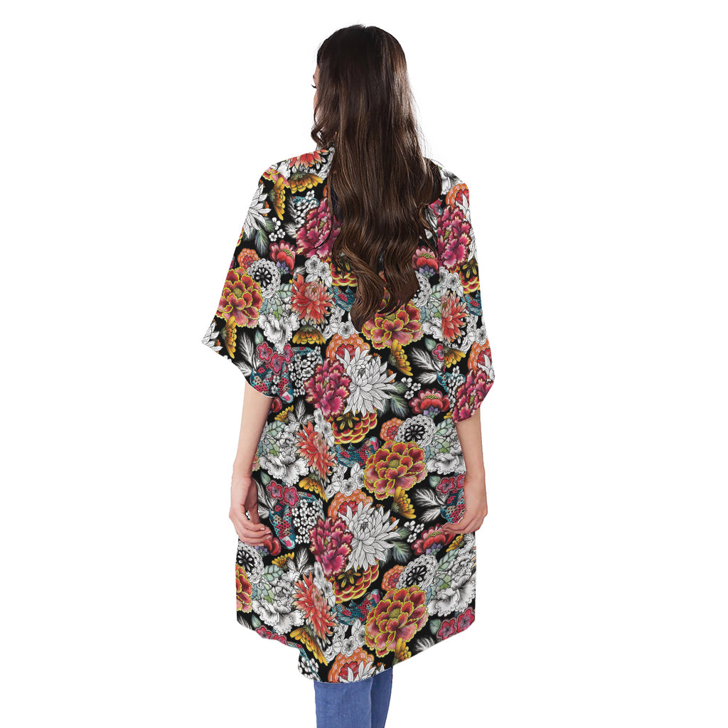 Asian Chrysanthemum Pattern Print Open Front Beach Cover Up