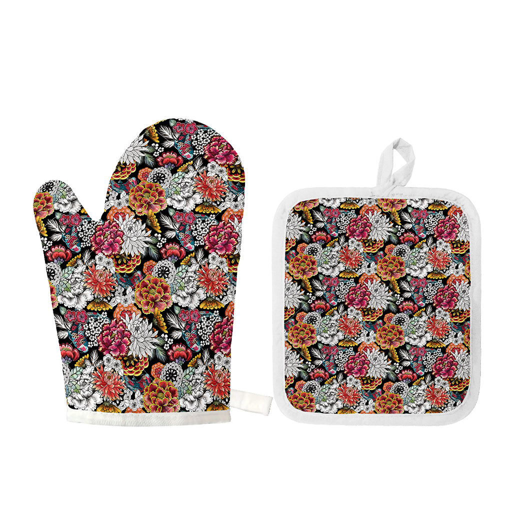 Asian Chrysanthemum Pattern Print Oven Mitt And Pot Holder Set