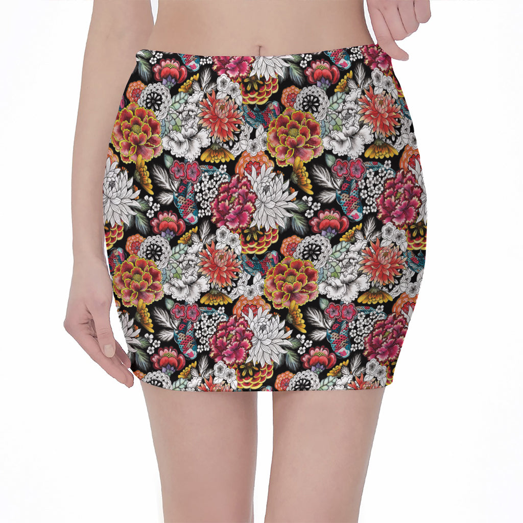 Asian Chrysanthemum Pattern Print Pencil Mini Skirt