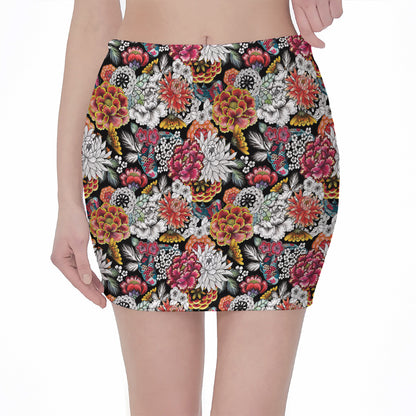Asian Chrysanthemum Pattern Print Pencil Mini Skirt