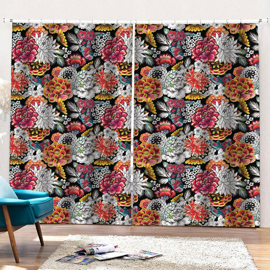 Asian Chrysanthemum Pattern Print Pencil Pleat Curtains