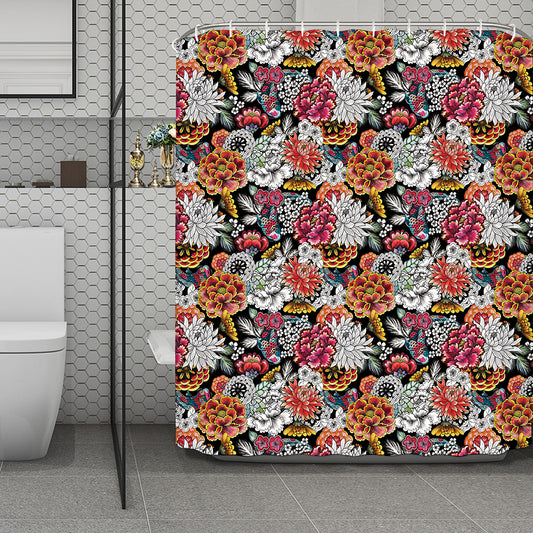 Asian Chrysanthemum Pattern Print Polyester Shower Curtain