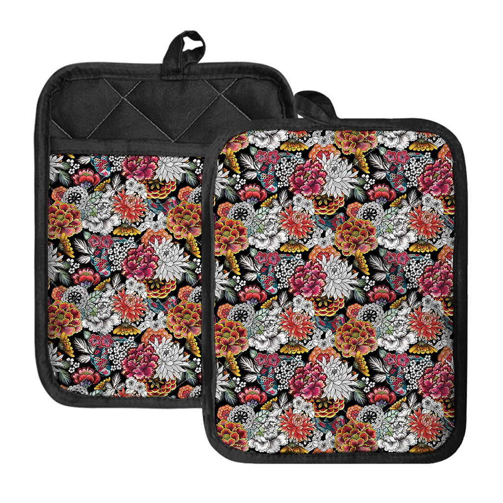 Asian Chrysanthemum Pattern Print Pot Holders With Pocket