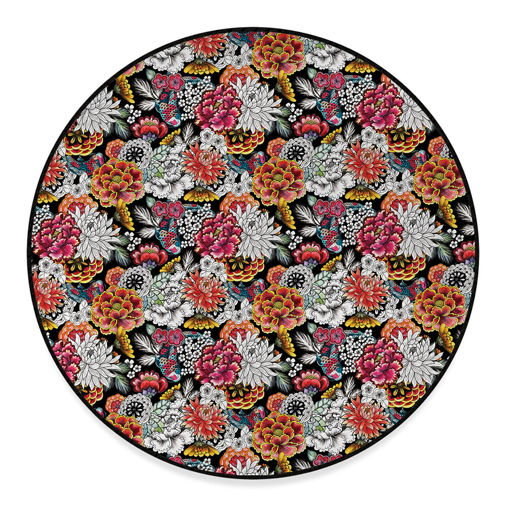 Asian Chrysanthemum Pattern Print Round Floor Mat