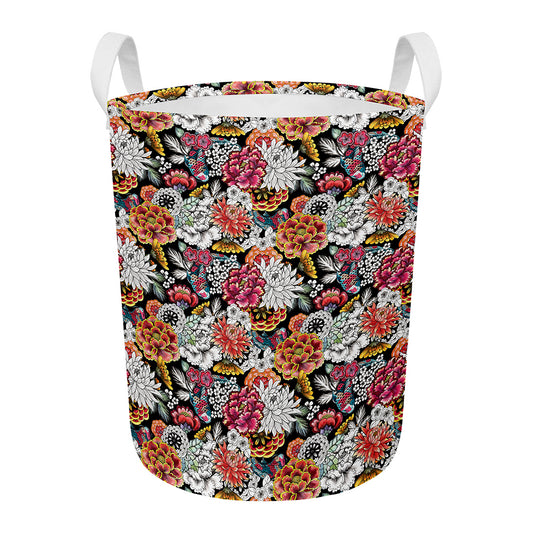 Asian Chrysanthemum Pattern Print Round Laundry Basket
