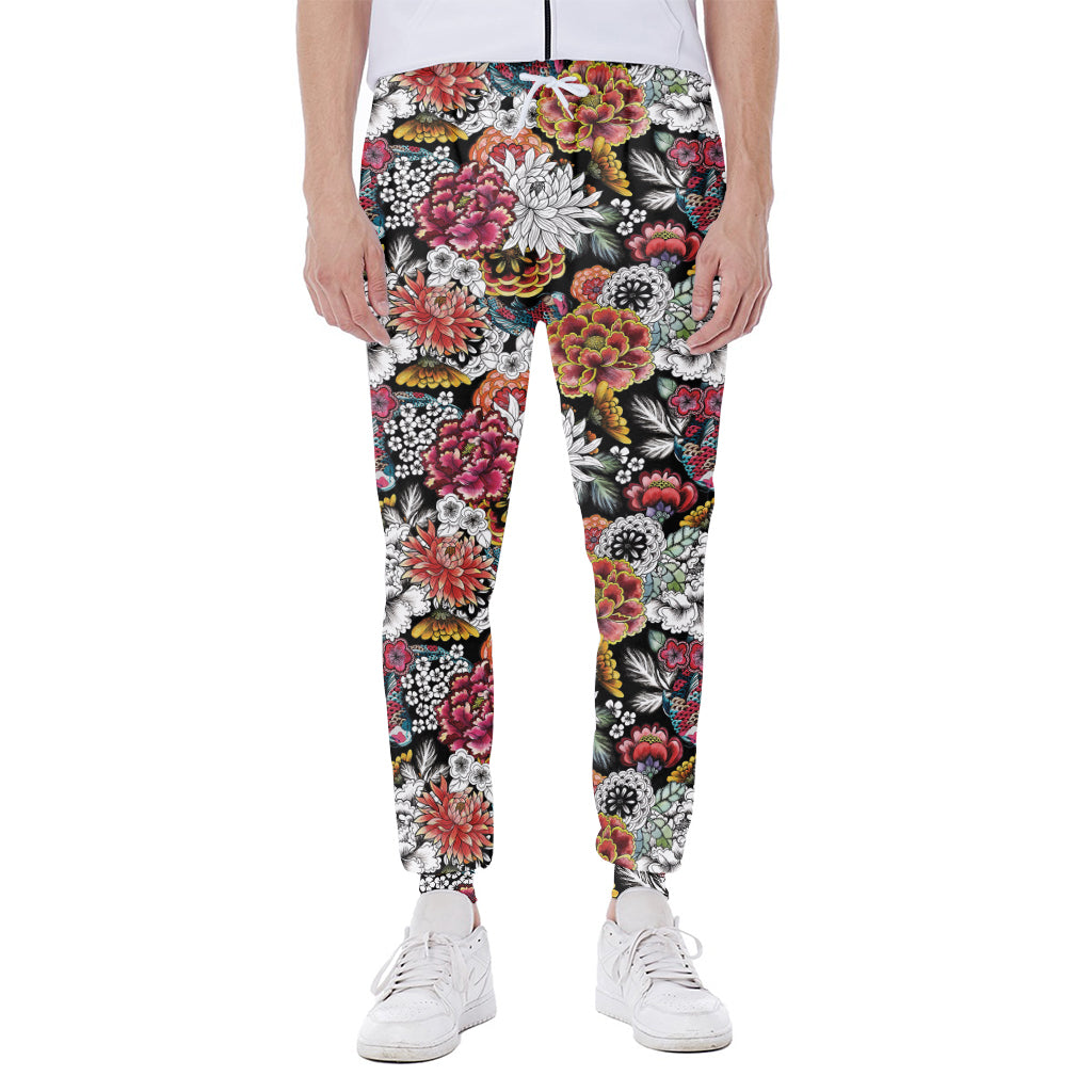 Asian Chrysanthemum Pattern Print Scuba Joggers