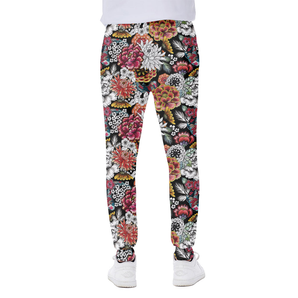 Asian Chrysanthemum Pattern Print Scuba Joggers