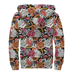 Asian Chrysanthemum Pattern Print Sherpa Lined Zip Up Hoodie