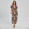 Asian Chrysanthemum Pattern Print Short Sleeve Maxi Dress