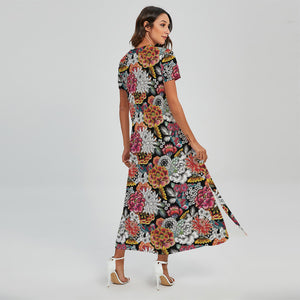 Asian Chrysanthemum Pattern Print Short Sleeve Maxi Dress