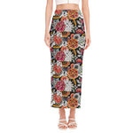 Asian Chrysanthemum Pattern Print Side Slit Maxi Skirt