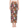 Asian Chrysanthemum Pattern Print Side Slit Maxi Skirt