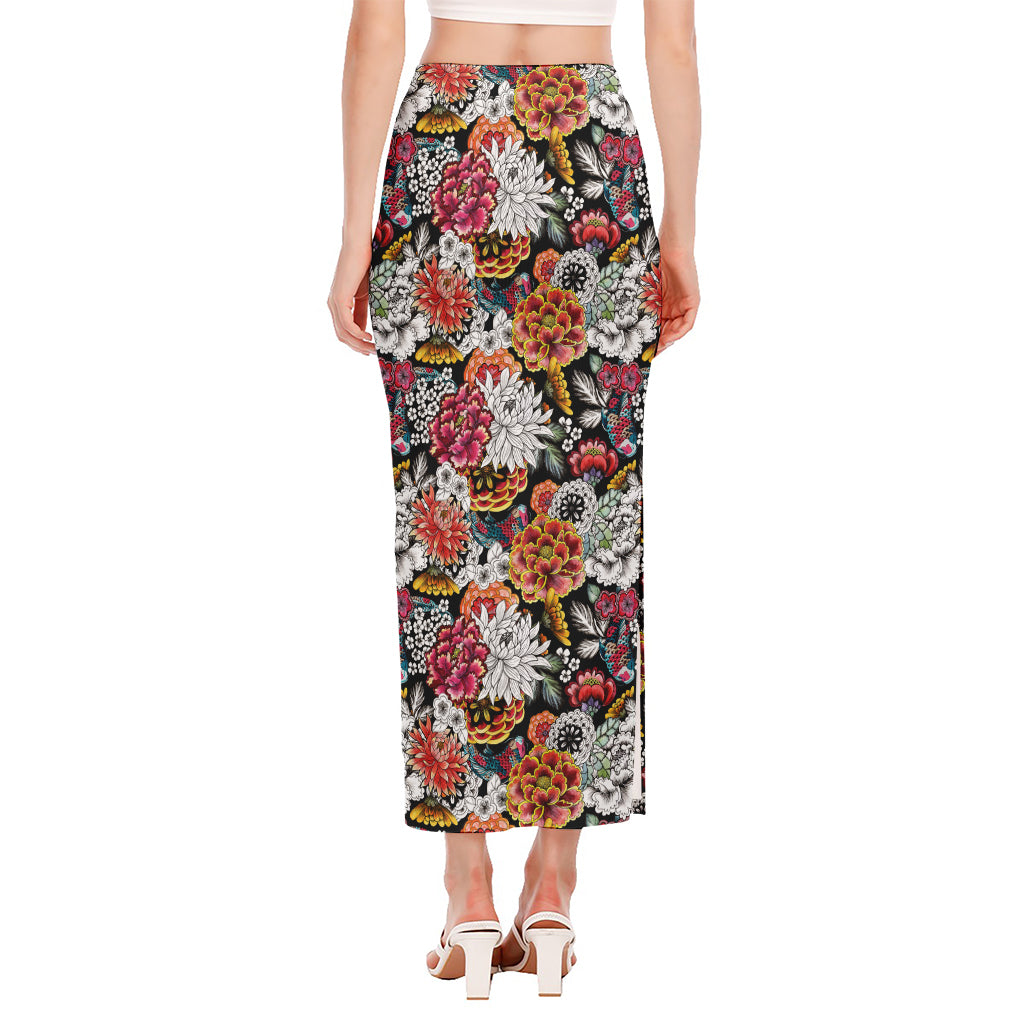 Asian Chrysanthemum Pattern Print Side Slit Maxi Skirt