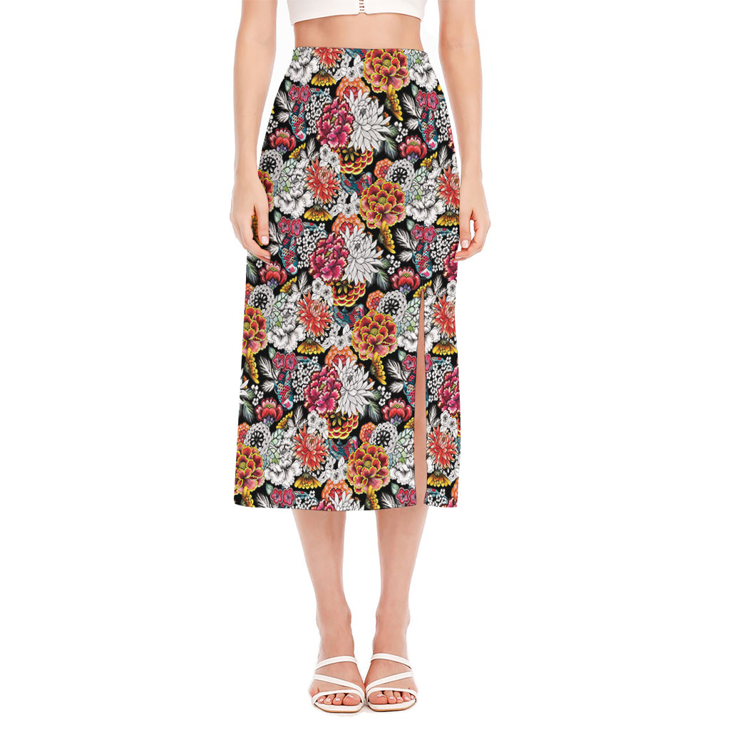 Asian Chrysanthemum Pattern Print Side Slit Midi Skirt