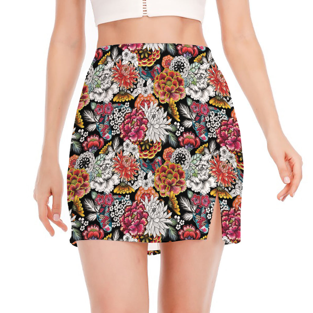 Asian Chrysanthemum Pattern Print Side Slit Mini Skirt