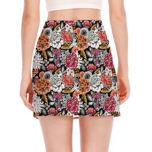 Asian Chrysanthemum Pattern Print Side Slit Mini Skirt